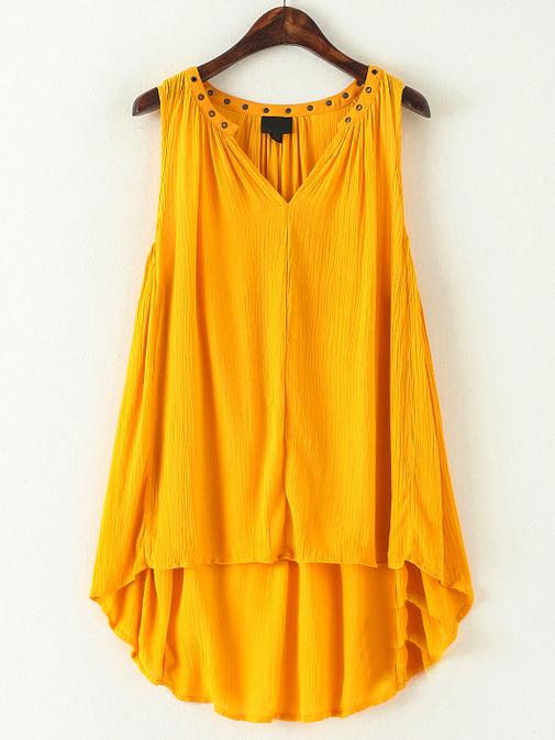 Romwe Yellow V Neck Dip Hem Sleeveless Top