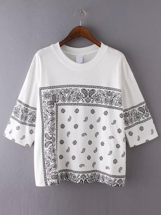 Romwe Paisley Print 1/2 Sleeve T-shirt - White