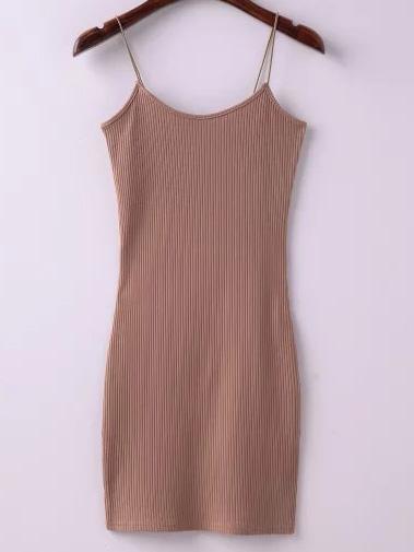 Romwe Khaki Ribbed Spaghetti Straps Sheath Dress