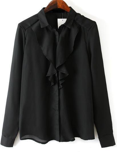 Romwe Flounced Embellished Black Blouse