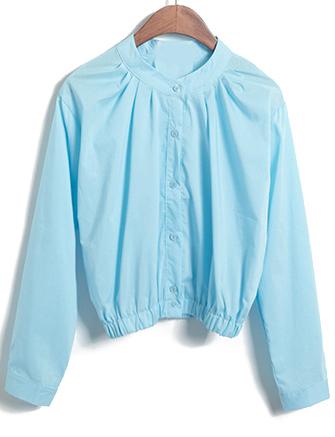 Romwe Stand Collar Buttons Crop Blue Blouse