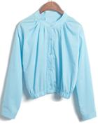 Romwe Stand Collar Buttons Crop Blue Blouse