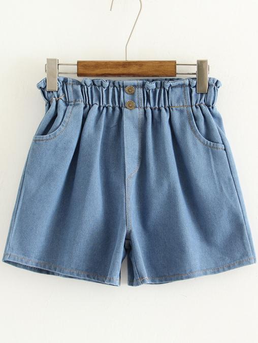 Romwe Light Blue Pockets Elastic Waist Denim Shorts