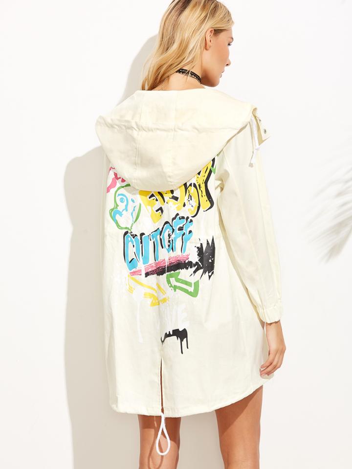Romwe White Print Drawstring Hooded Jacket