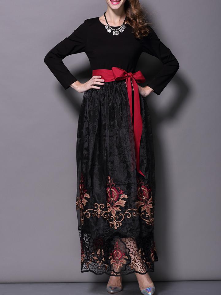 Romwe Black Long Sleeve Contrast Gauze Embroidered Tie-waist Dress