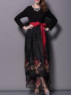 Romwe Black Long Sleeve Contrast Gauze Embroidered Tie-waist Dress
