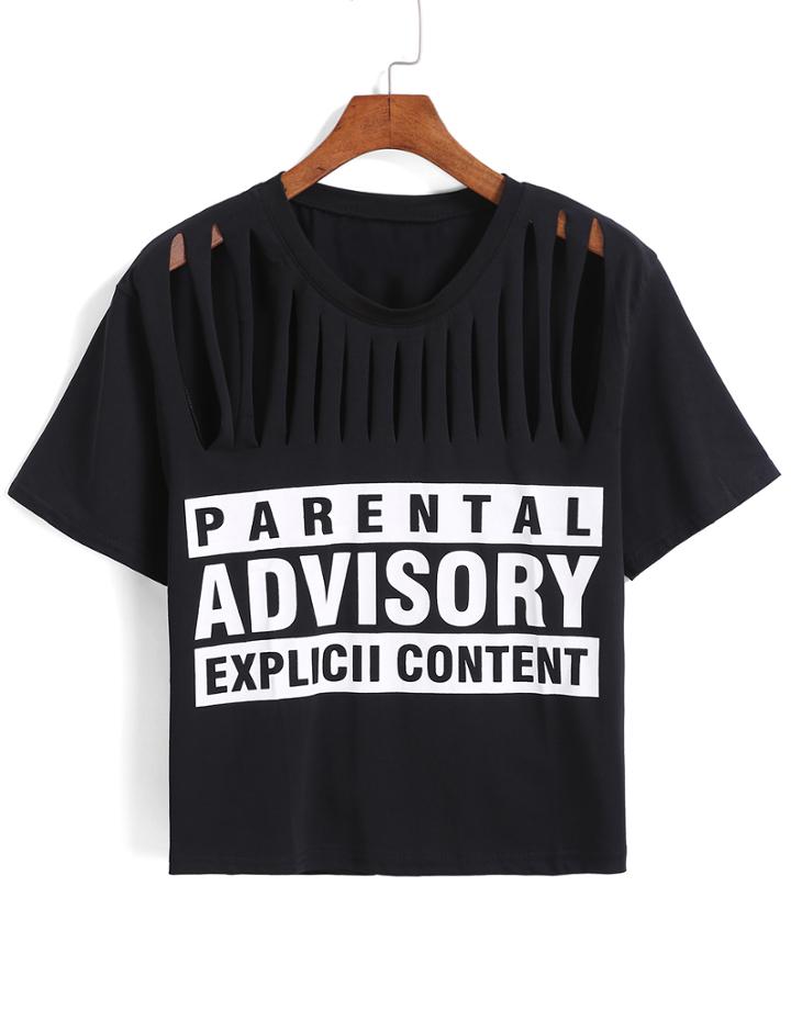 Romwe Letter Print Hollow Black T-shirt