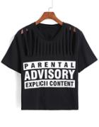 Romwe Letter Print Hollow Black T-shirt