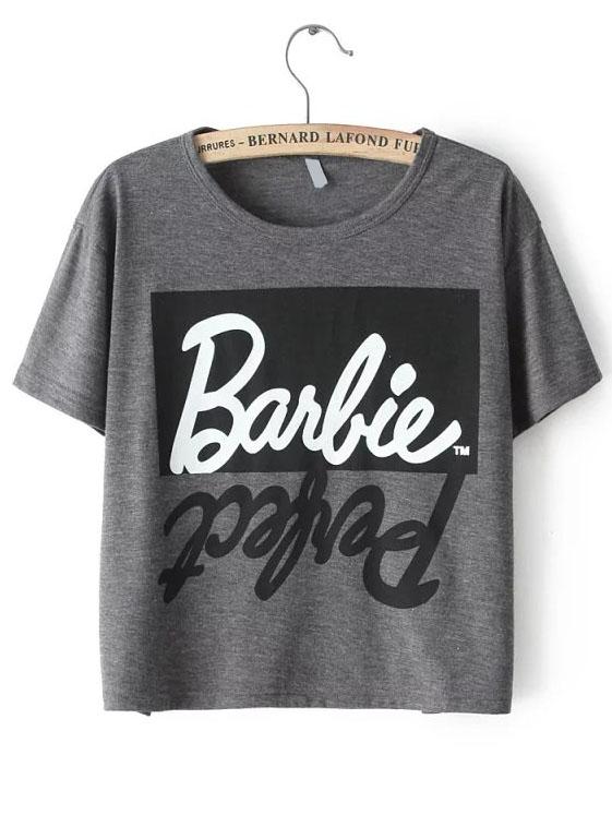 Romwe Letters Print Crop Grey T-shirt