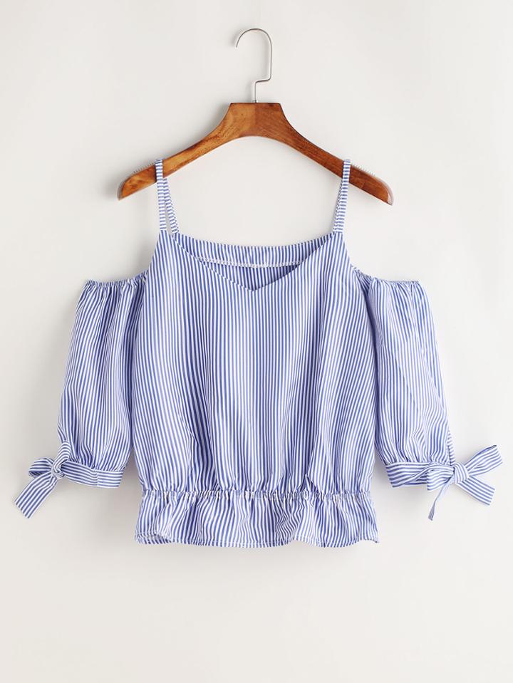 Romwe Pinstripe Peplum Bow Tie Top