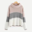 Romwe Plus Color Block Rolled Neck Jumper