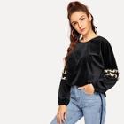 Romwe Leopard Faux Fur Detail Knot Back Velvet Pullover