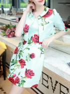Romwe Green Half Sleeve Two Pieces Rose Print Dress