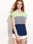 Romwe Colorblock Zipper Shoulder Cap Sleeve T-shirt