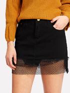 Romwe Contrast Fishnet Frayed Denim Skirt