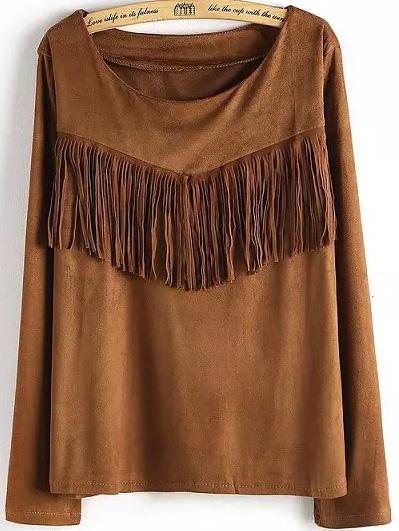 Romwe Round Neck Tassel Khaki Blouse