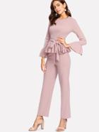 Romwe Flounce Cuff And Hem Self Belted Top & Pants Set