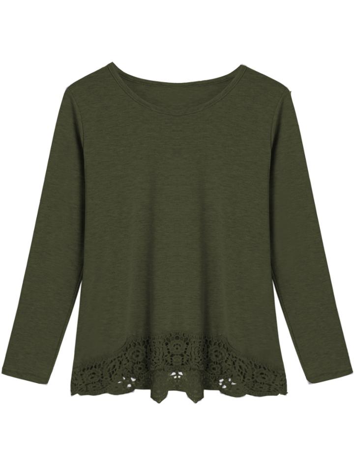 Romwe Long Sleeve Lace Crochet Hollow Army Green T-shirt