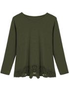 Romwe Long Sleeve Lace Crochet Hollow Army Green T-shirt