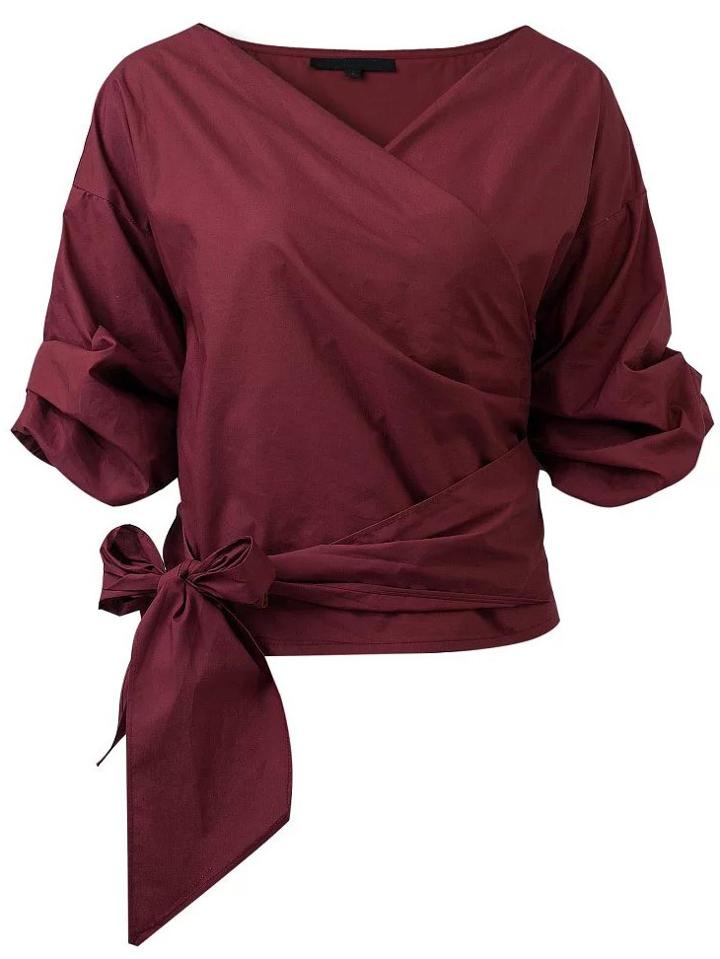 Romwe Burgundy Wrap V Neck Blouse With Bow Tie