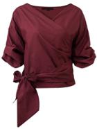 Romwe Burgundy Wrap V Neck Blouse With Bow Tie