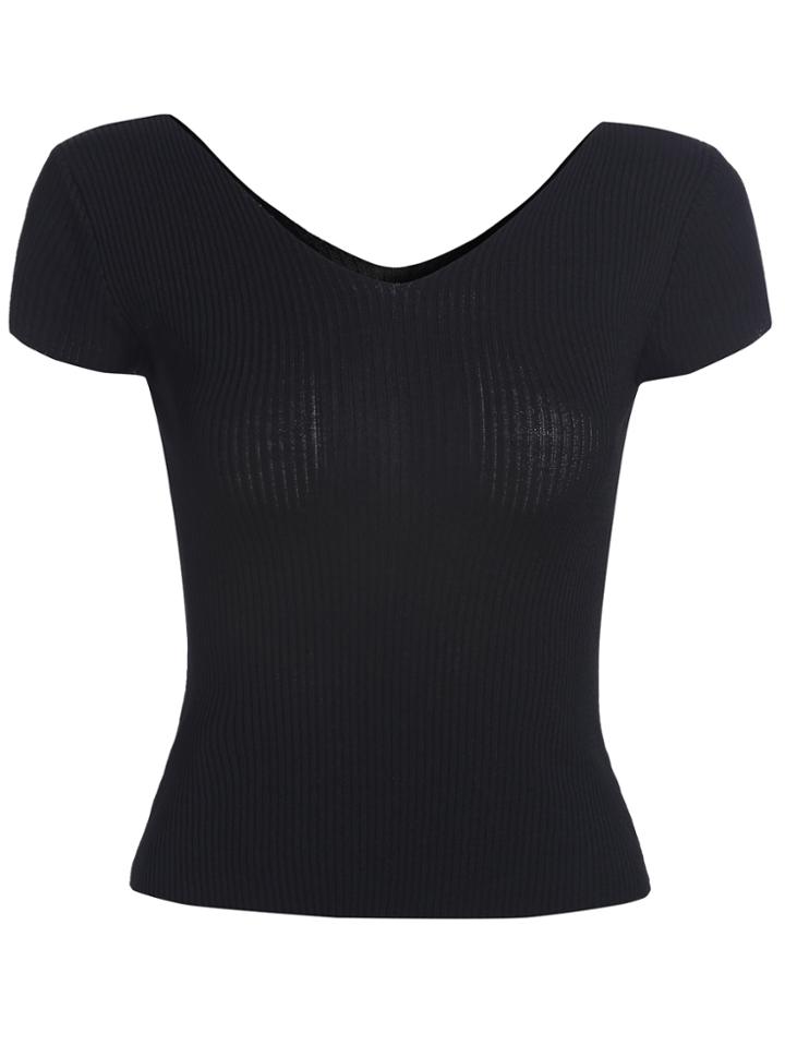 Romwe V Neck Short Sleeve Slim Black Sweater