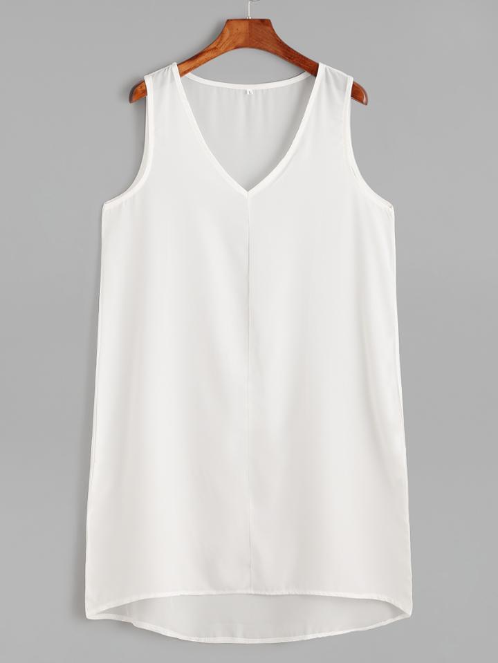 Romwe White V Neck High Low Tank Dress