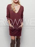 Romwe Burgundy Long Sleeve V Neck Dress