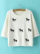 Romwe Women Horse Embroidered White Sweater