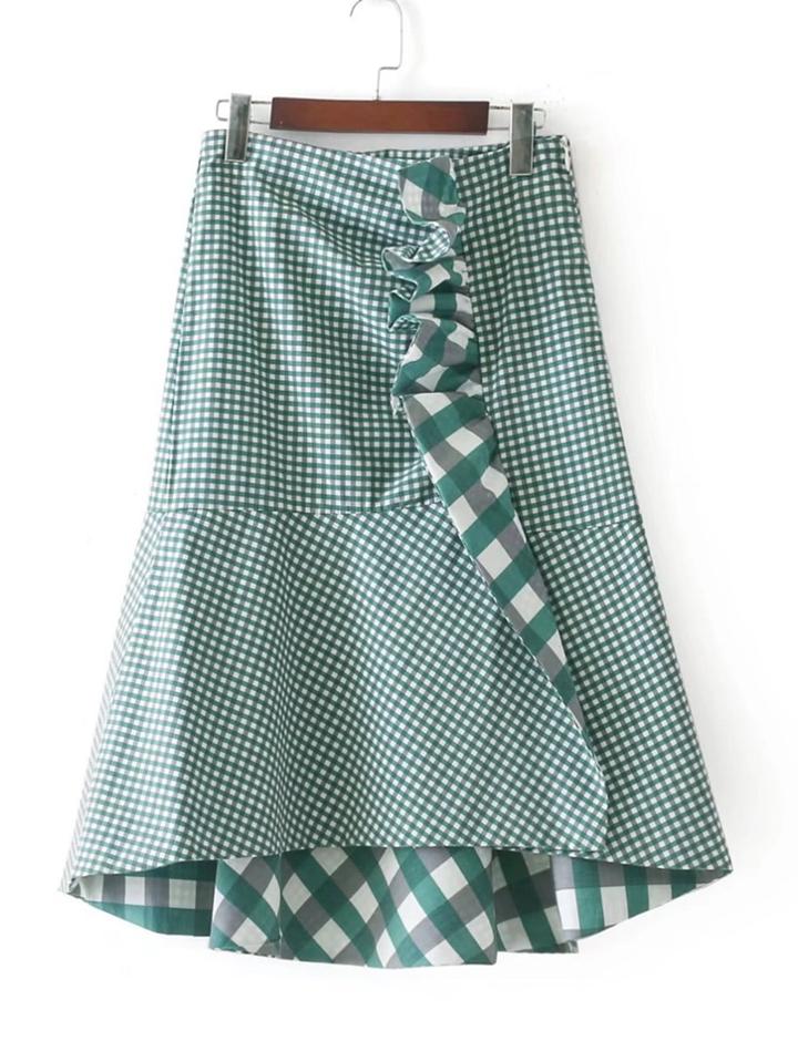 Romwe Frill Detail Fluted Check Skirt