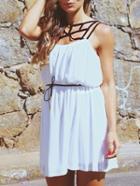 Romwe White Caged Shift Dress With Belt