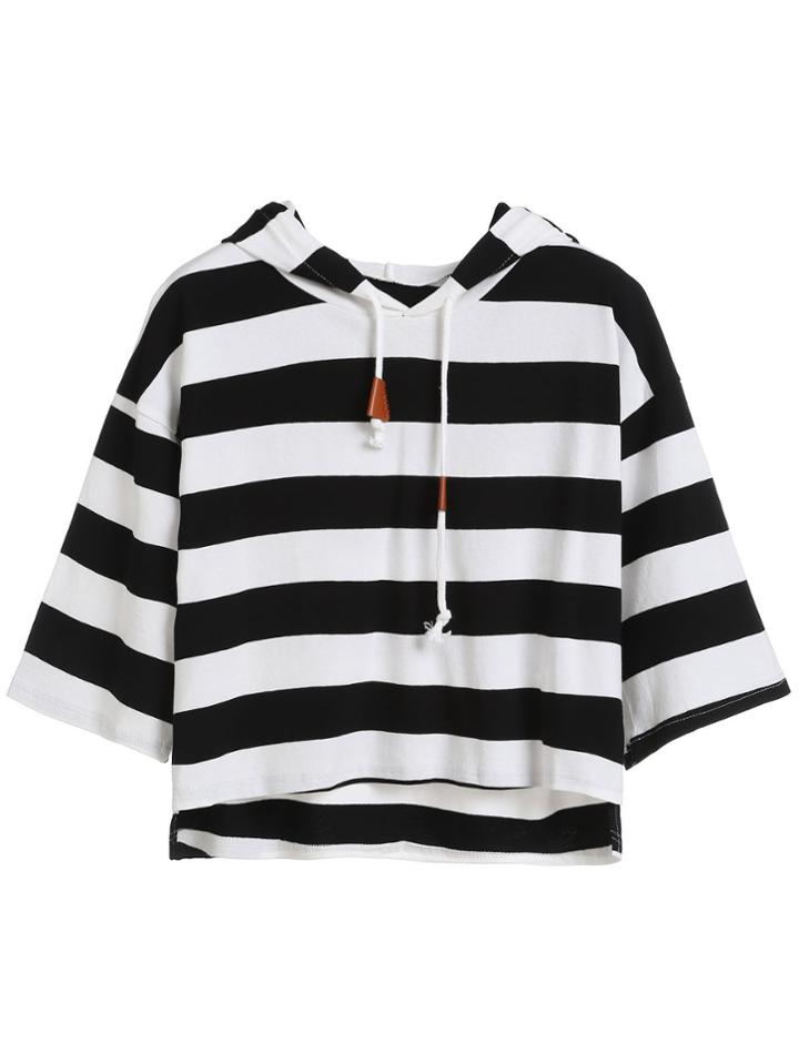 Romwe Striped Dropped Shoulder Seam High Low Drawstring Hooded T-shirt