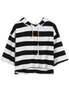 Romwe Striped Dropped Shoulder Seam High Low Drawstring Hooded T-shirt