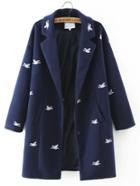 Romwe Lapel Bird Embroidered Straight Long Coat
