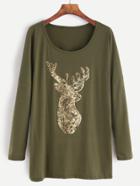 Romwe Army Green Dropped Shoulder Seam Deer Sequin T-shirt