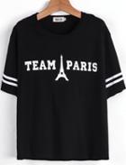 Romwe Black Short Sleeve Eiffel Tower Letters Print T-shirt