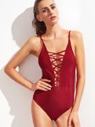 Romwe Burgundy Lace Up Neck Spaghetti Strap Monokini