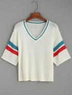 Romwe White Striped V Neck Drop Shoulder Knit T-shirt