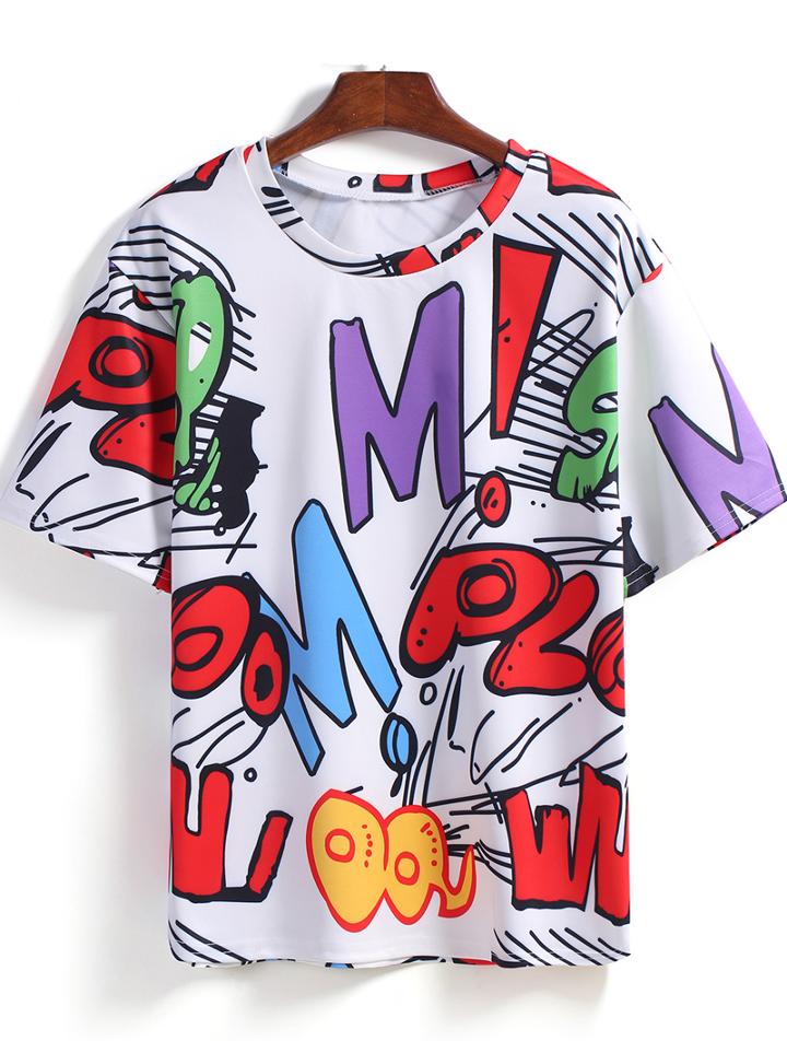 Romwe Cartoon Letters Print Loose T-shirt