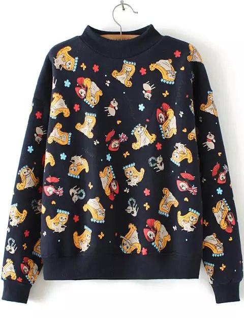 Romwe Cartoon Print Black Sweatshirt