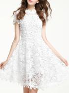 Romwe White Crochet Hollow Beading A-line Dress