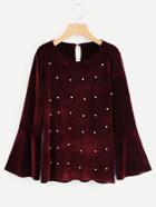 Romwe Bell Sleeve Pearl Beaded Keyhole Back T-shirt