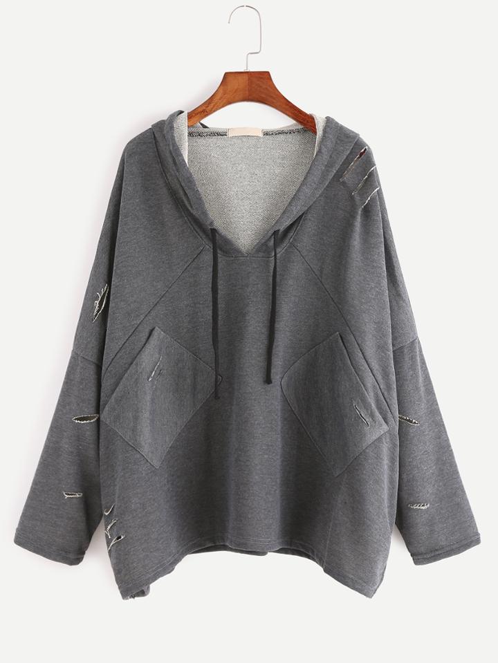 Romwe Grey Drop Shoulder Ripped Pocket Hooded Sweatshirt