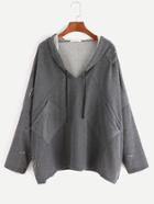 Romwe Grey Drop Shoulder Ripped Pocket Hooded Sweatshirt