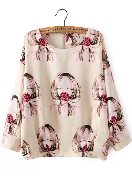 Romwe Apricot Long Sleeve Beauty Print Blouse