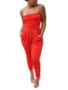 Romwe Dual Pocket Front Red Bandeau Jumpsuit