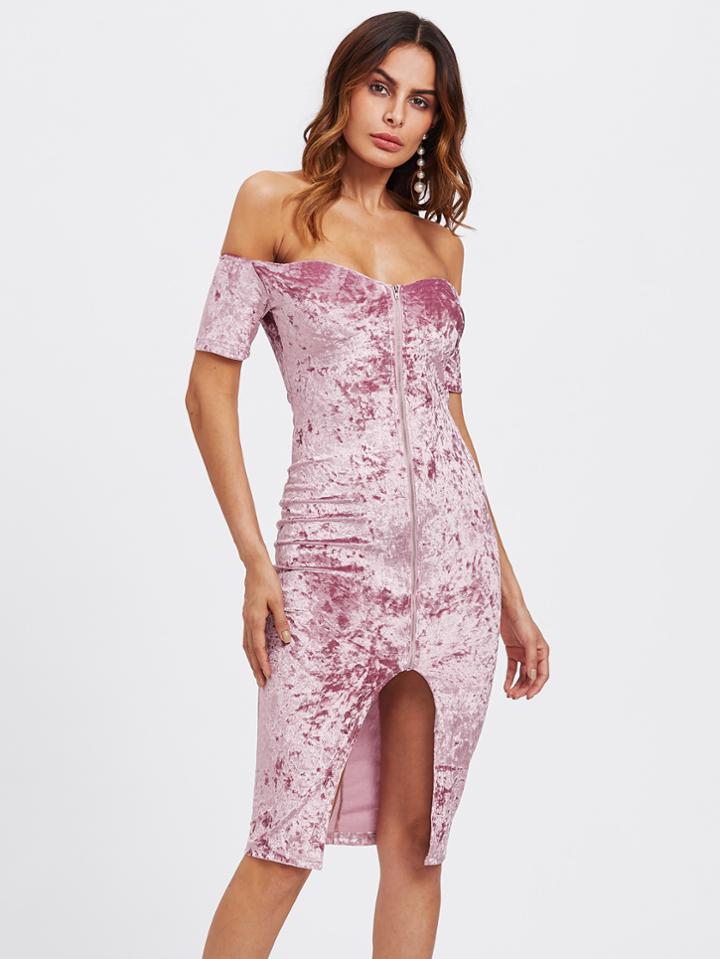 Romwe Zip Up Crushed Velvet Bardot Dress
