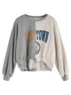 Romwe Color Block Incomplete Varsity Print Asymmetrical Sweatshirt