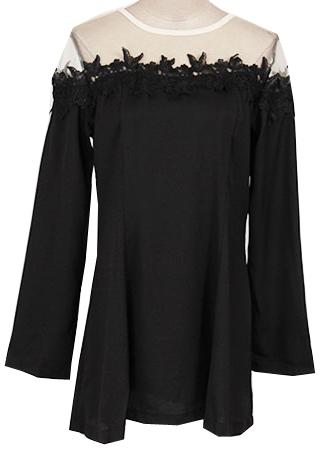 Romwe Sheer Lace Insert Shift Black Dress