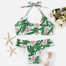Romwe Random Leaf & Flower Print Scalloped Trim Bikini